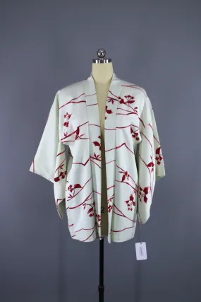 1950s Vintage Haori Kimono Jacket / White Red Floral Watercolor