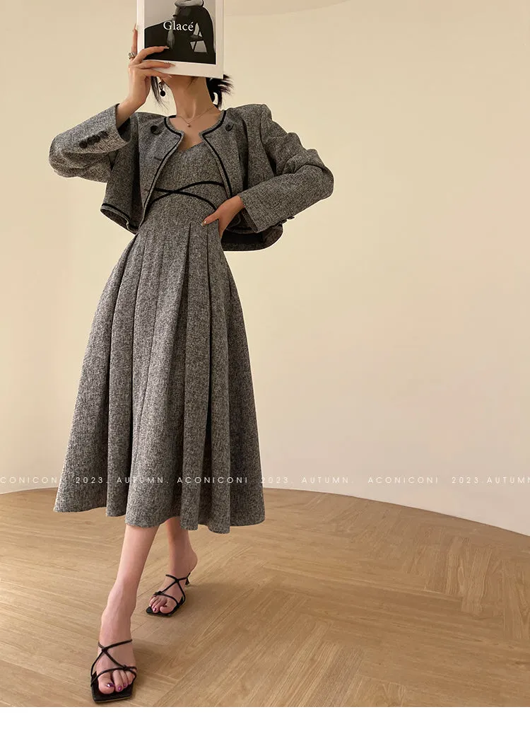 Aconiconi  Elegant gray pleated dress and short jacket - Kawashima Girl