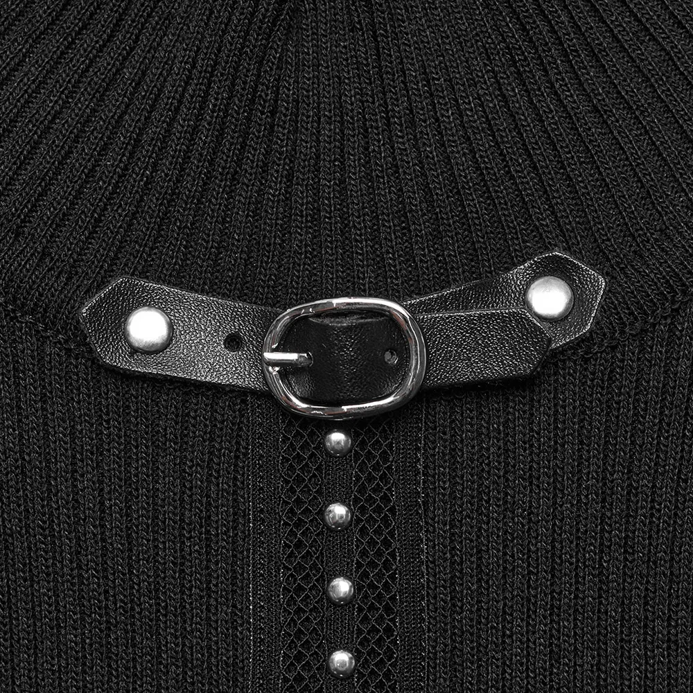 Black Halter Neck Knit Top with Edgy Woven Details