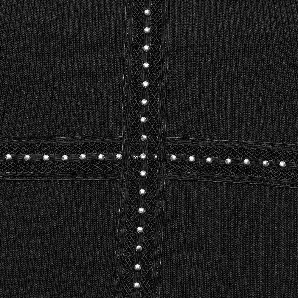 Black Halter Neck Knit Top with Edgy Woven Details