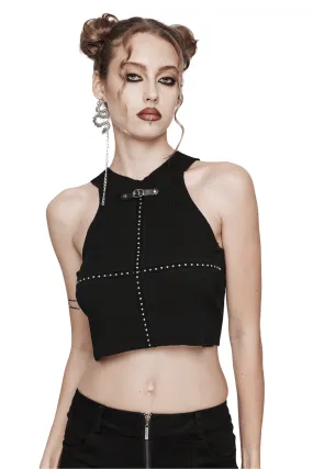 Black Halter Neck Knit Top with Edgy Woven Details