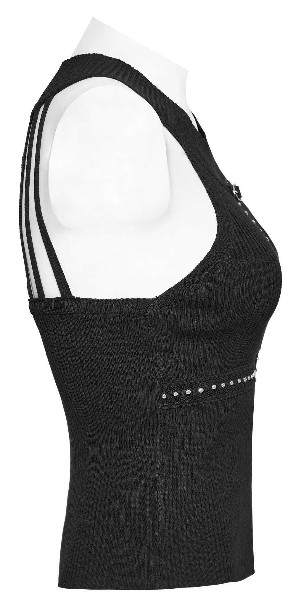 Black Halter Neck Knit Top with Edgy Woven Details