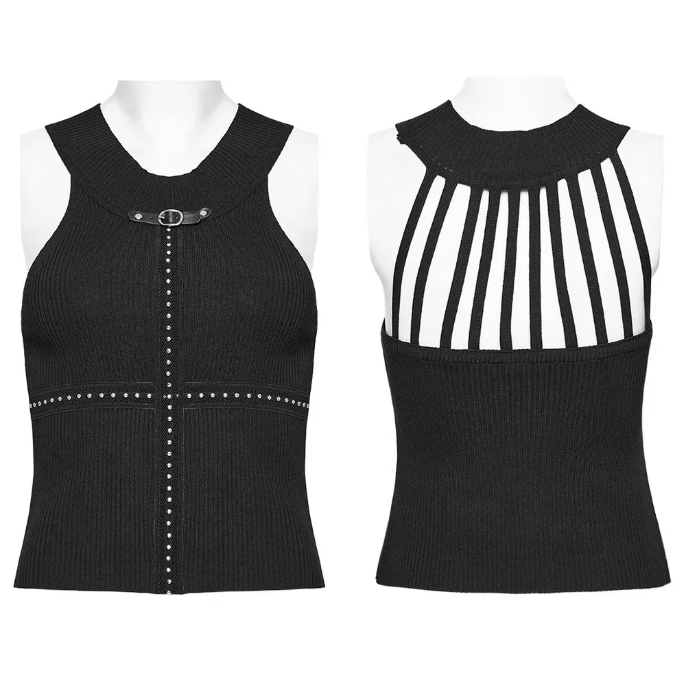 Black Halter Neck Knit Top with Edgy Woven Details
