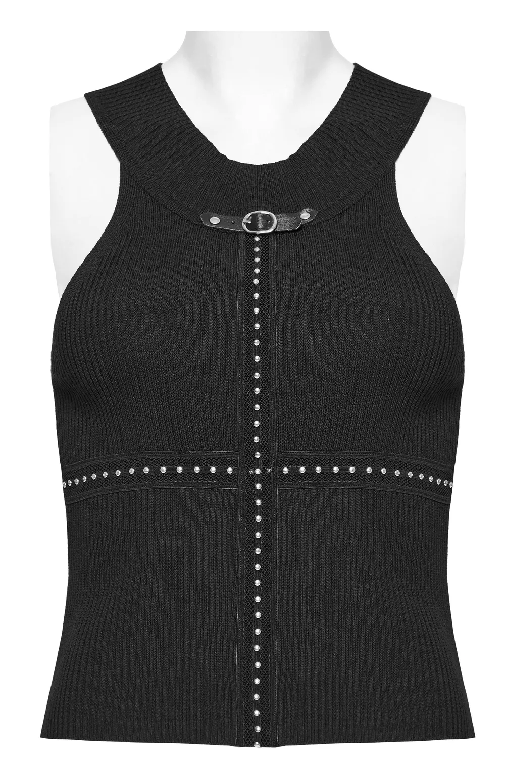 Black Halter Neck Knit Top with Edgy Woven Details
