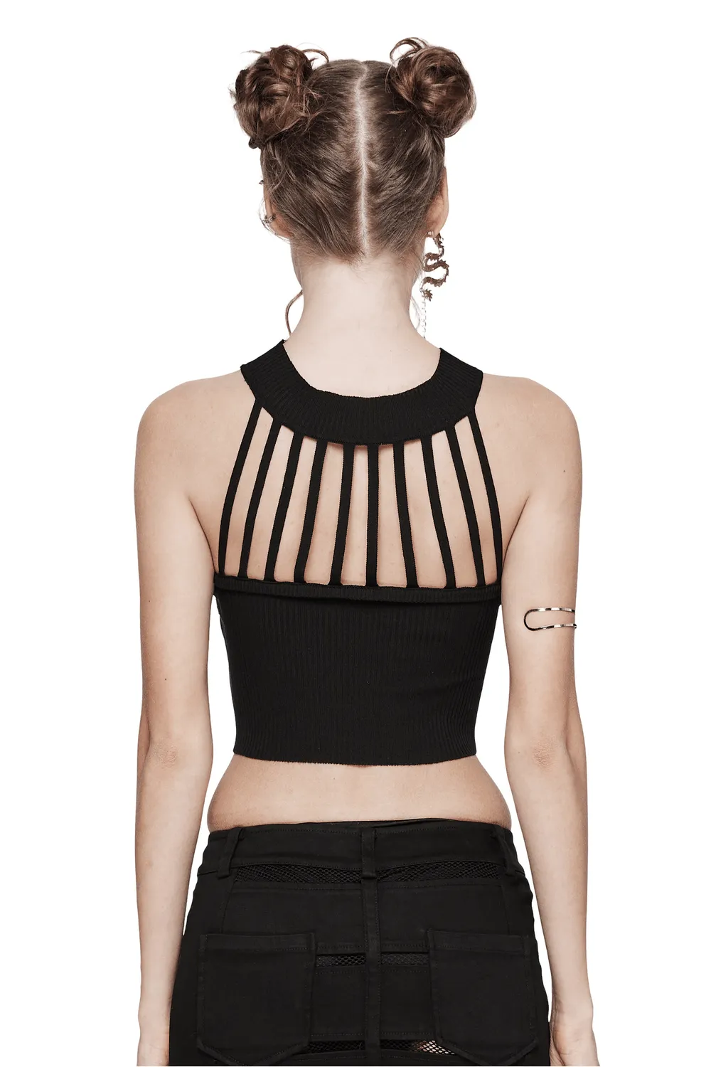 Black Halter Neck Knit Top with Edgy Woven Details