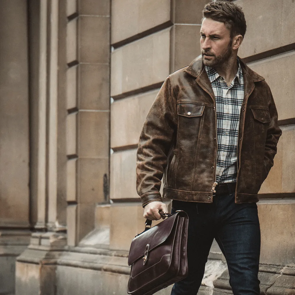 Brown Distressed Real Leather Four Pocket Jacket For Men