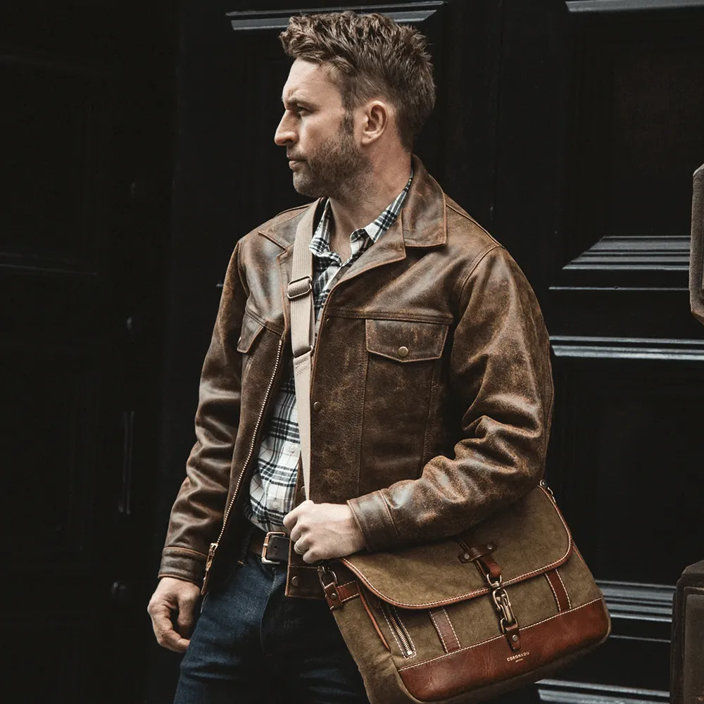 Brown Distressed Real Leather Four Pocket Jacket For Men