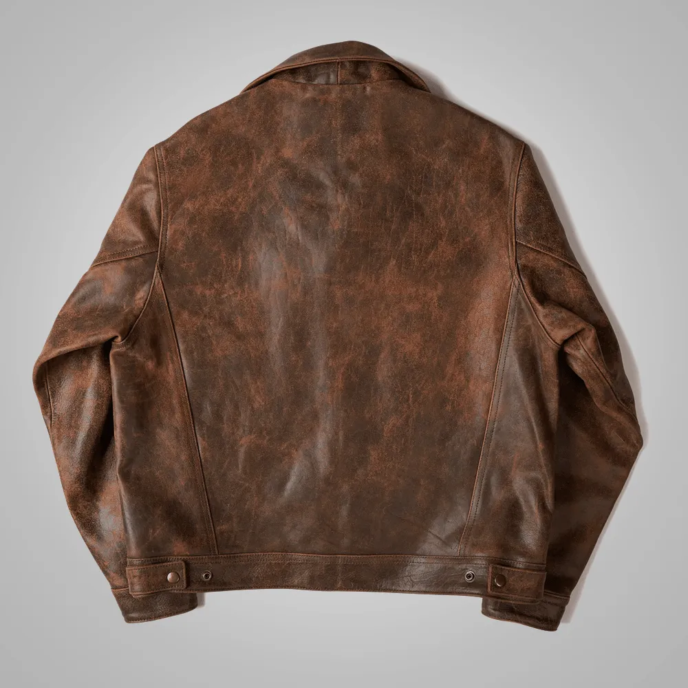 Brown Distressed Real Leather Four Pocket Jacket For Men