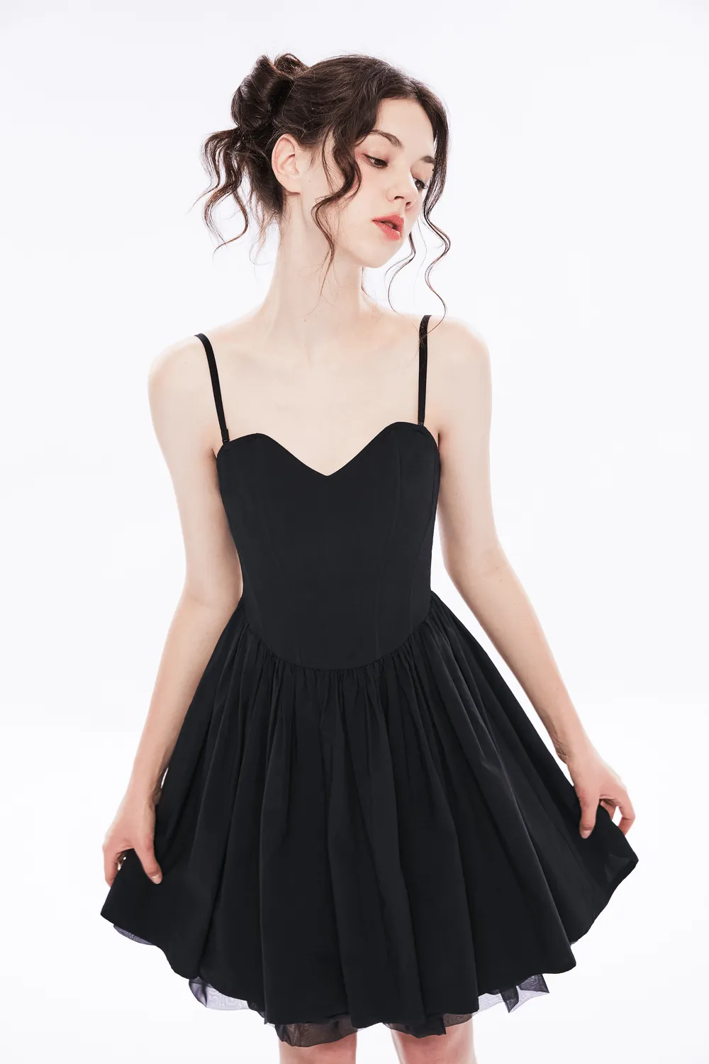 Elegant Black A-Line Skater Dress with Plaid Interior