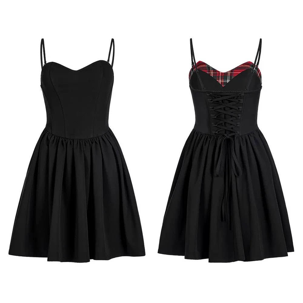 Elegant Black A-Line Skater Dress with Plaid Interior