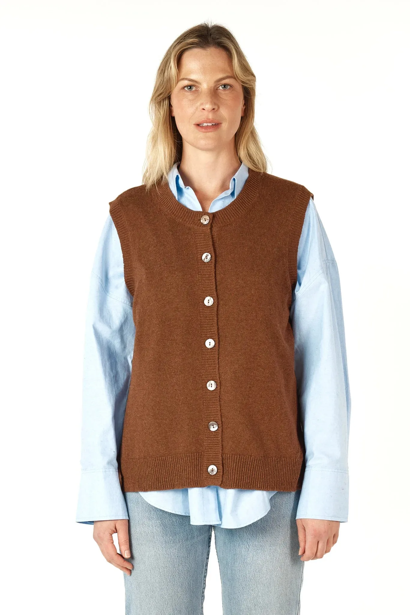 Essential Button Knitted Vest - Coffee