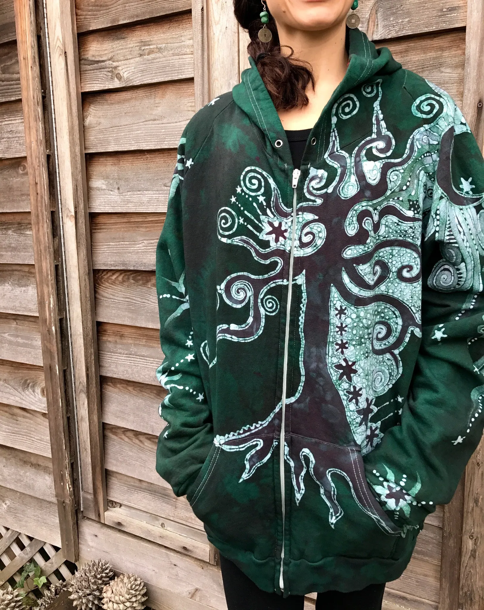 Forest Green Owl Hideaway Batik Hoodie Jacket - 2X