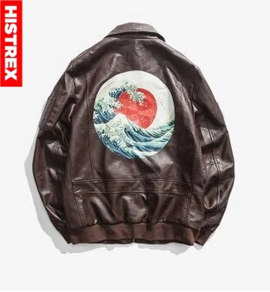 HISTREX Embroidery Japanese Crane Motorcycle Leather Jacket Men Chinese Kanji Style Goodness Jackets Black Brown Coats HT09AX1#