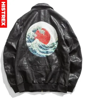 HISTREX Embroidery Japanese Crane Motorcycle Leather Jacket Men Chinese Kanji Style Goodness Jackets Black Brown Coats HT09AX1#