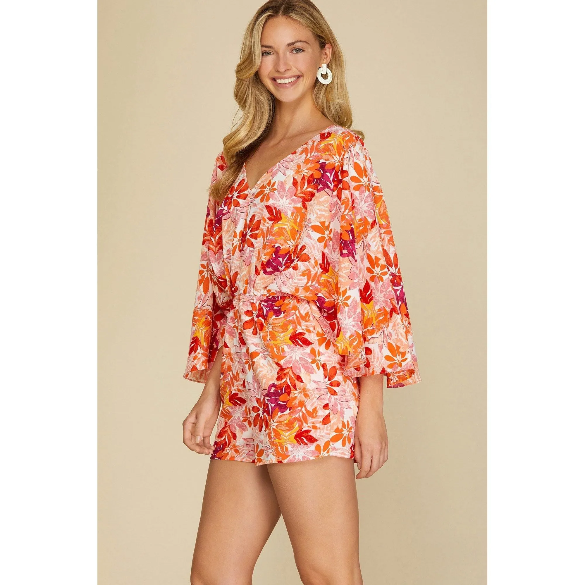 Kimono Sleeve Floral Woven Romper