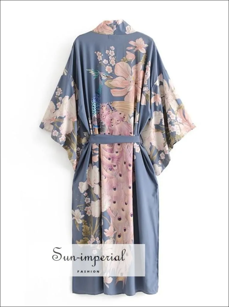 Long Blue with Pink Flower Print Bohemian Kimono Cover up