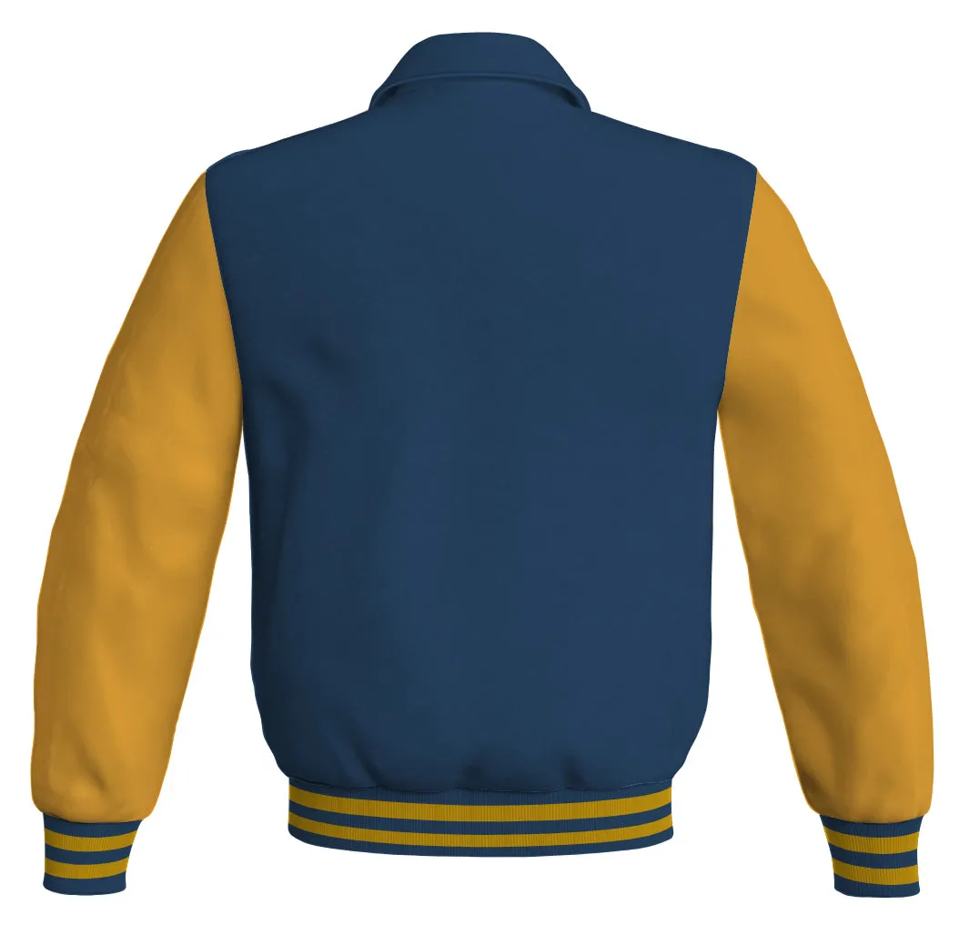 Luxury Bomber Classic Jacket Navy Blue Body and Golden Leather Sleeves