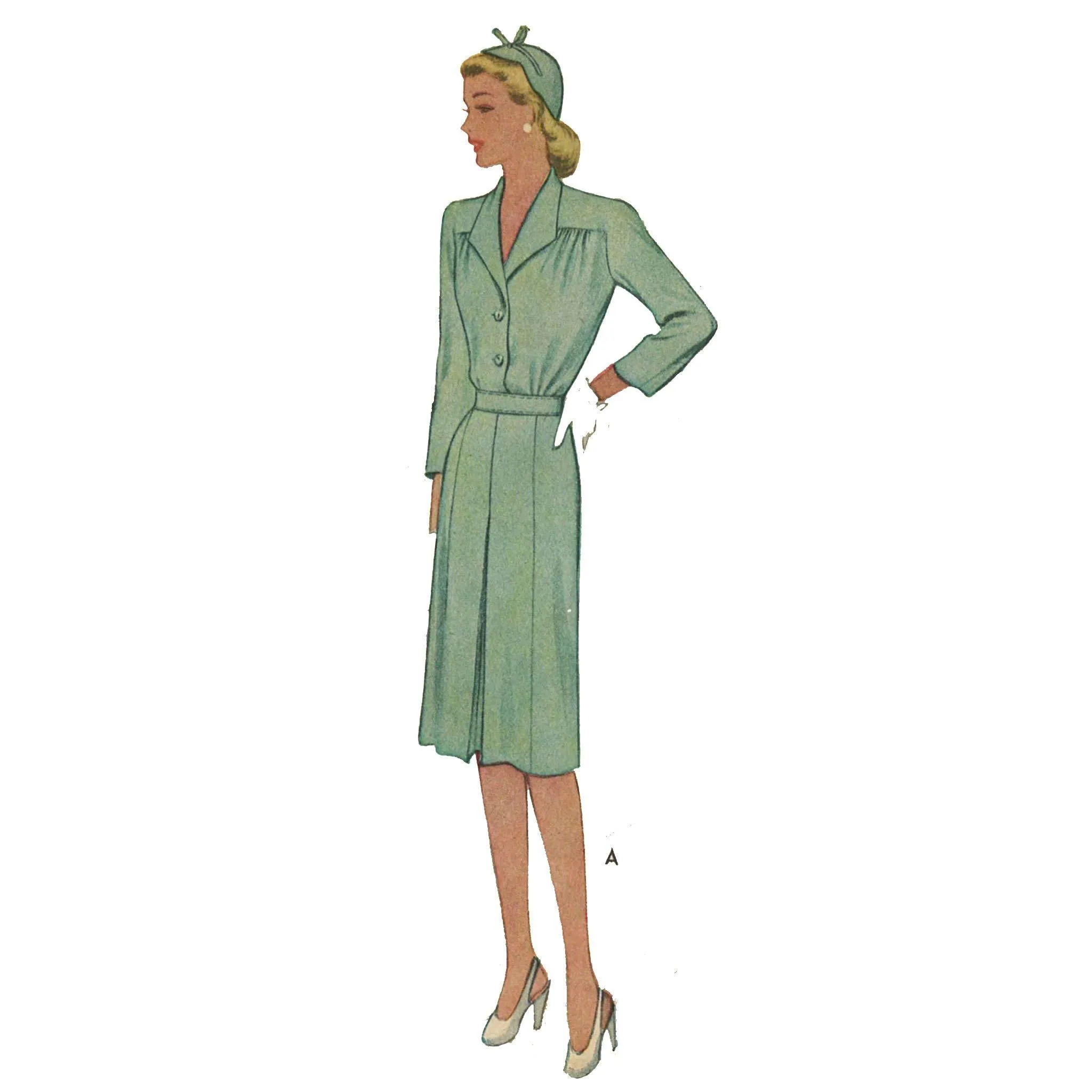 PDF - 1940's Sewing Pattern, Yoked Pleated Dress, Shirt Dress -  Bust 30” (76.2cm) - Instantly Print at Home