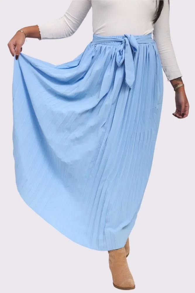 Plain Pleated Belted Waistband Skirt