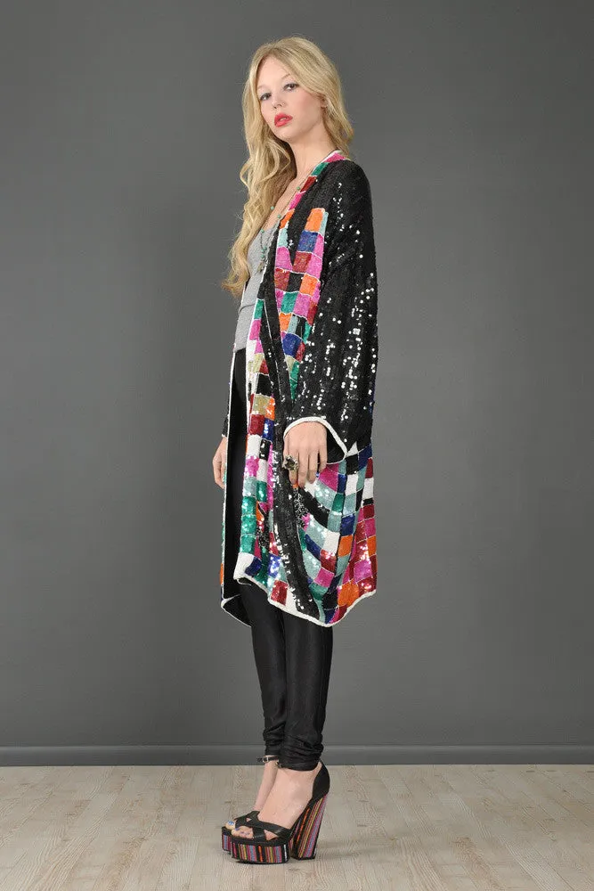 Rainbow Checkerboard Silk Draped Sequin Jacket