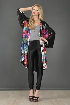 Rainbow Checkerboard Silk Draped Sequin Jacket