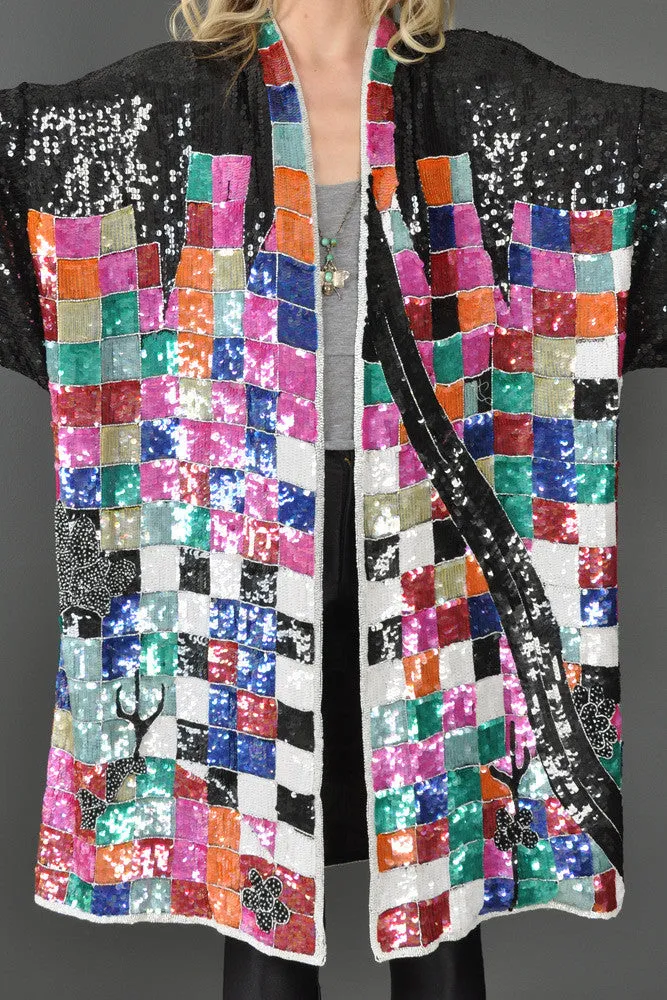 Rainbow Checkerboard Silk Draped Sequin Jacket