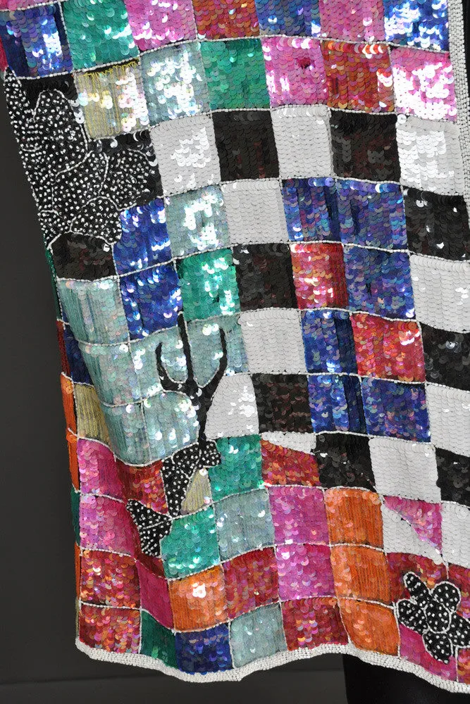 Rainbow Checkerboard Silk Draped Sequin Jacket