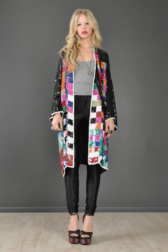 Rainbow Checkerboard Silk Draped Sequin Jacket