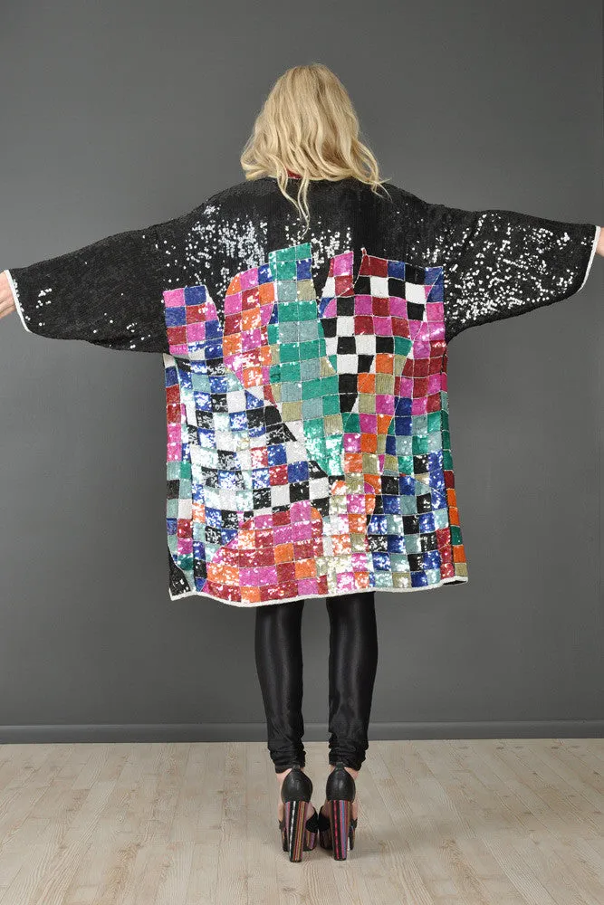 Rainbow Checkerboard Silk Draped Sequin Jacket