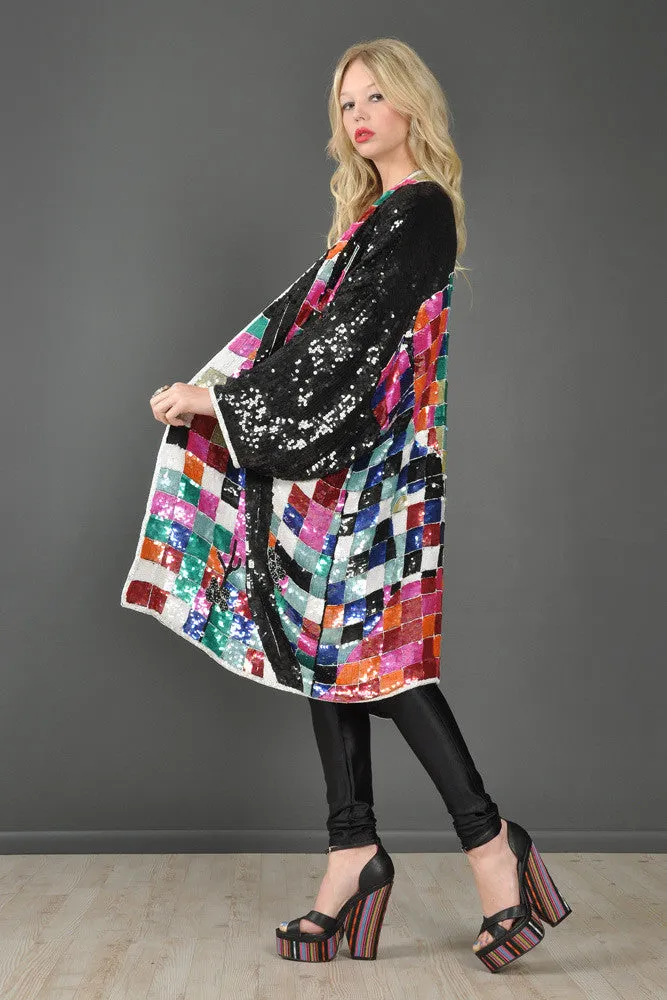 Rainbow Checkerboard Silk Draped Sequin Jacket