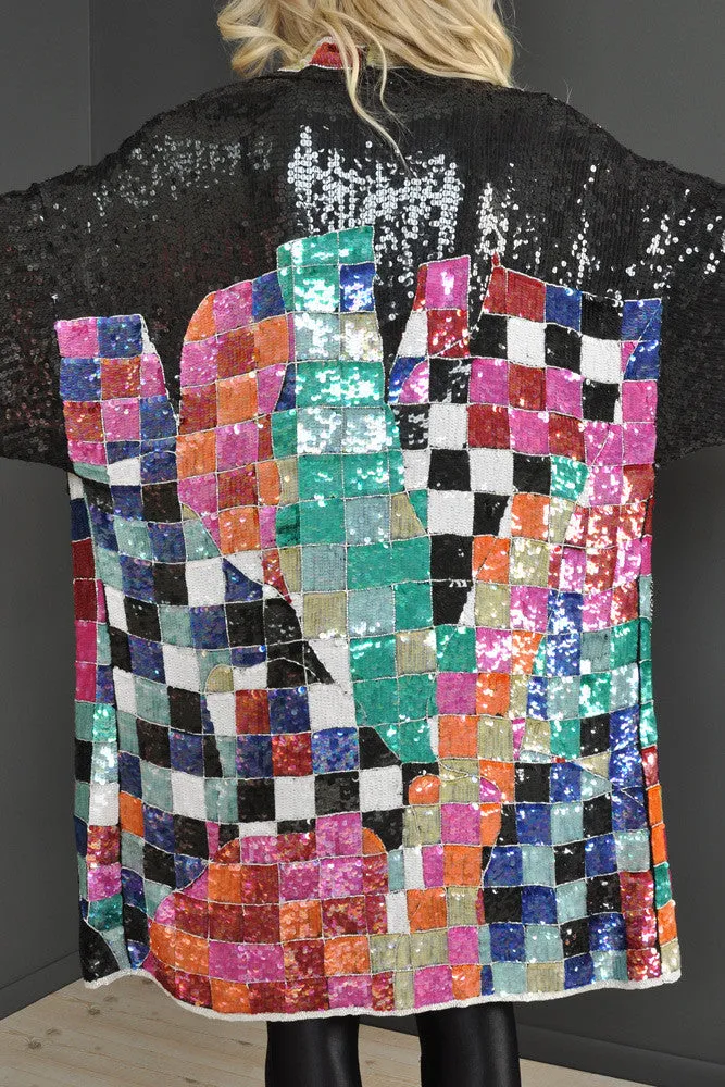 Rainbow Checkerboard Silk Draped Sequin Jacket