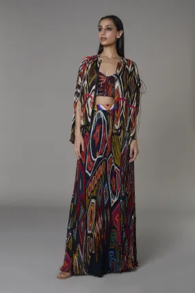 Saaksha & KinniÂ    I   Black diamond kaftan blouseNavy blue mix booti bustierNavy blue mix booti pleated skirt" Blouse - Cotton silk / ChiffonBustier - ChiffonSkirt - Chiffon Multi  SS22136  SS22113  SS22114