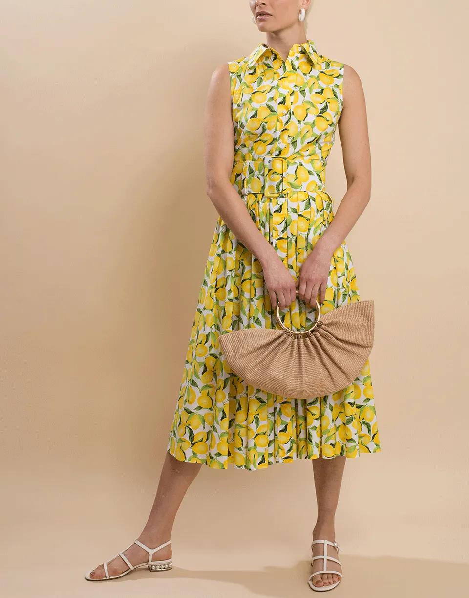 Sleeveless Lemon Print Belted Shirt Dress