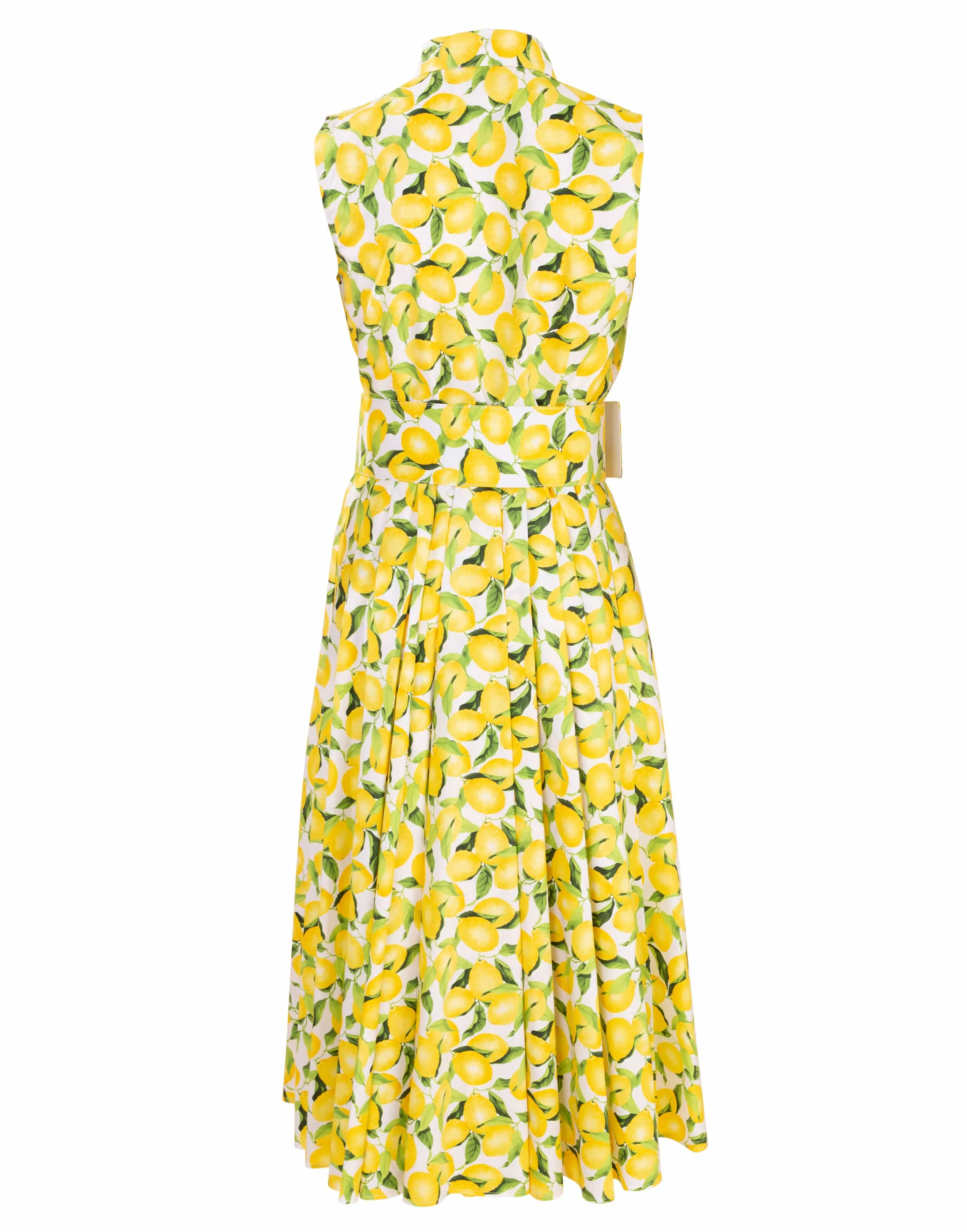 Sleeveless Lemon Print Belted Shirt Dress