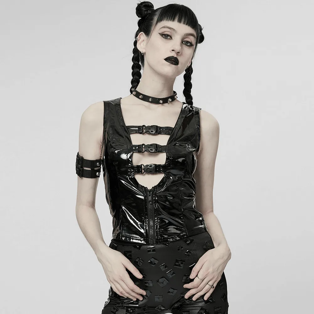 Slim Gothic Patent Leather Vest with Buckles Detail