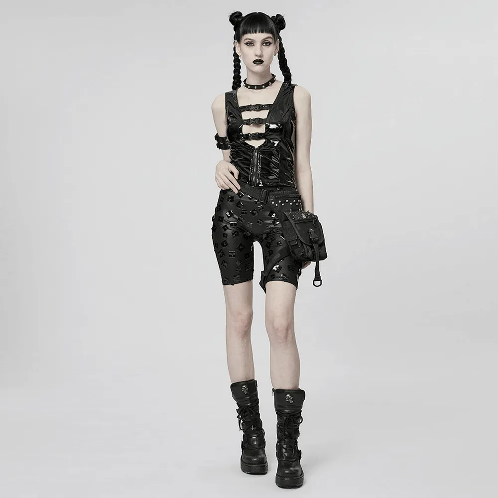 Slim Gothic Patent Leather Vest with Buckles Detail