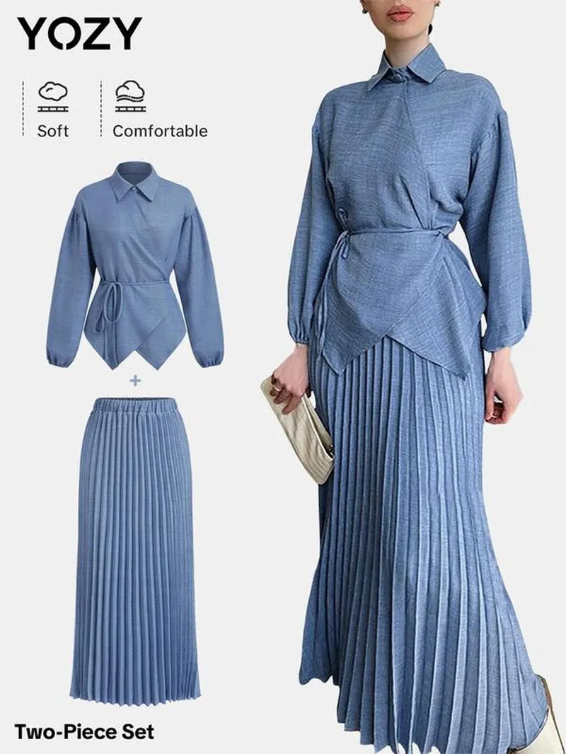 YOZY Two-Piece Set Women'S Solid Wrap Drop Shoulder Top & Elastic Waist Pleated Skirt, Elegant Fashion Casual Collared Top & Long Skirt for Daily Outdoor Wear, Ladies Outfits for All Seasons