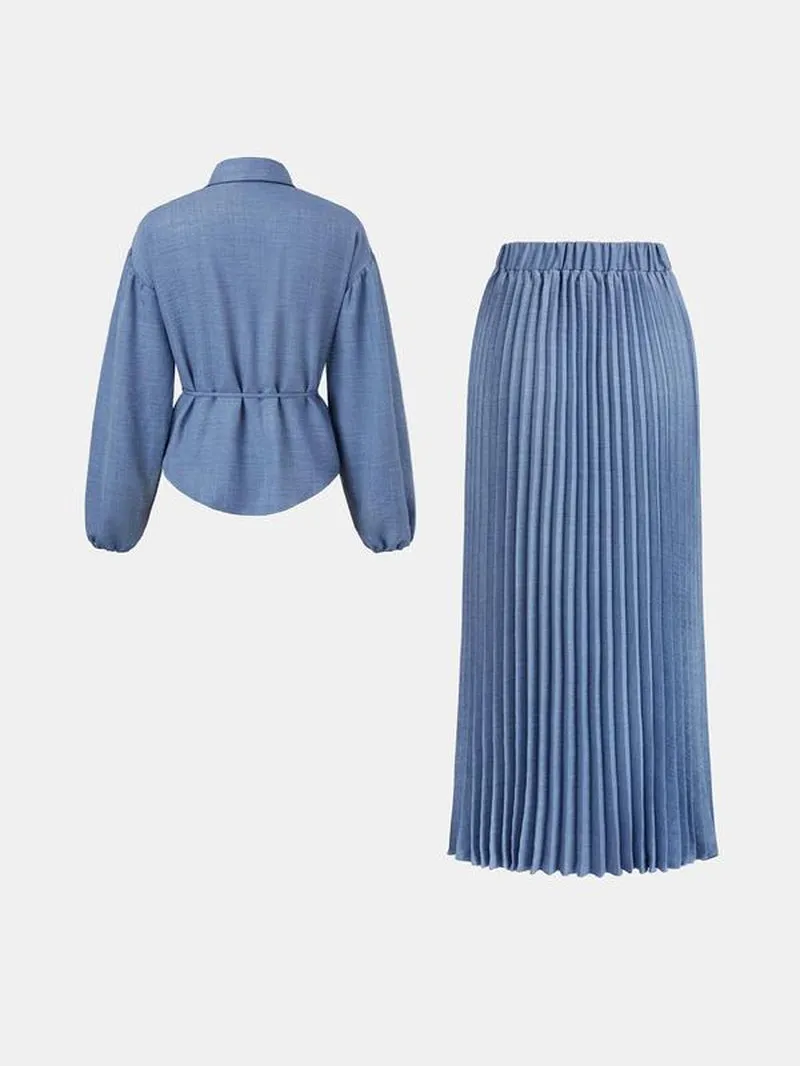 YOZY Two-Piece Set Women'S Solid Wrap Drop Shoulder Top & Elastic Waist Pleated Skirt, Elegant Fashion Casual Collared Top & Long Skirt for Daily Outdoor Wear, Ladies Outfits for All Seasons
