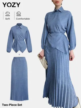 YOZY Two-Piece Set Women'S Solid Wrap Drop Shoulder Top & Elastic Waist Pleated Skirt, Elegant Fashion Casual Collared Top & Long Skirt for Daily Outdoor Wear, Ladies Outfits for All Seasons