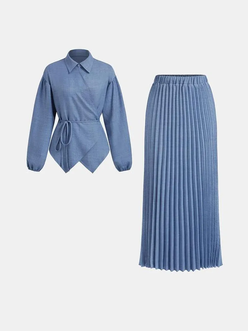 YOZY Two-Piece Set Women'S Solid Wrap Drop Shoulder Top & Elastic Waist Pleated Skirt, Elegant Fashion Casual Collared Top & Long Skirt for Daily Outdoor Wear, Ladies Outfits for All Seasons
